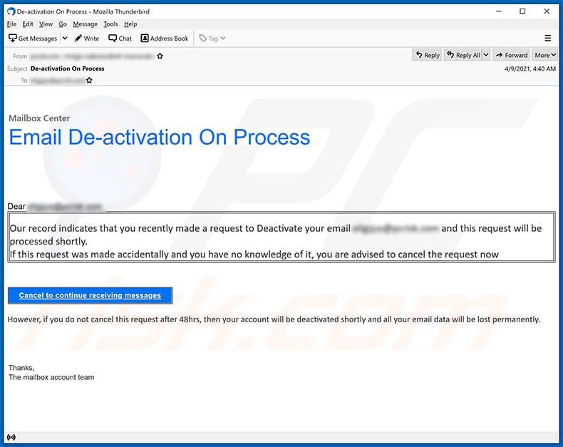 Email De-activation On Process email scam