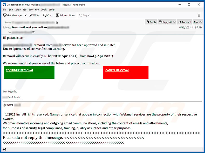Email deactivation-themed spam email (2021-04-12)