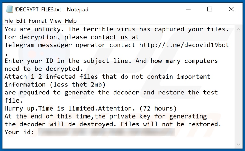 DEcovid19bot ransomware alternative variant ransom note (ATTENTION!!!.txt)