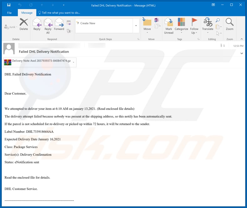 DHL Failed Delivery Notification malspam email