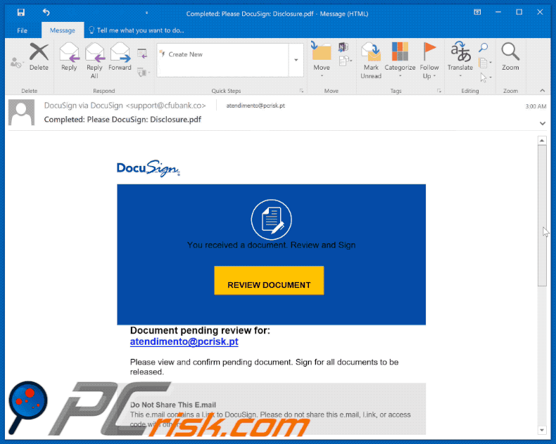 DocuSign-themed spam email promoting a phishing website (2021-01-28)