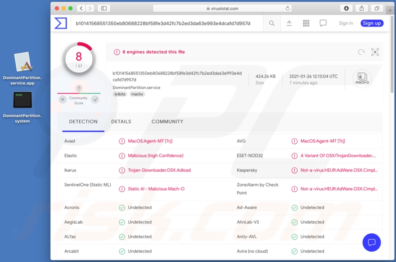 DominantPartition adware detections on VirusTotal