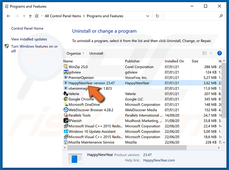 DreamTrip adware disguising as HappyNewYear application in the list of installed programs