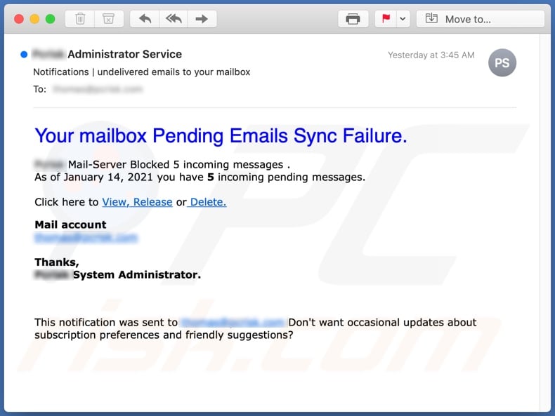 Emails Sync Failure email spam campaign
