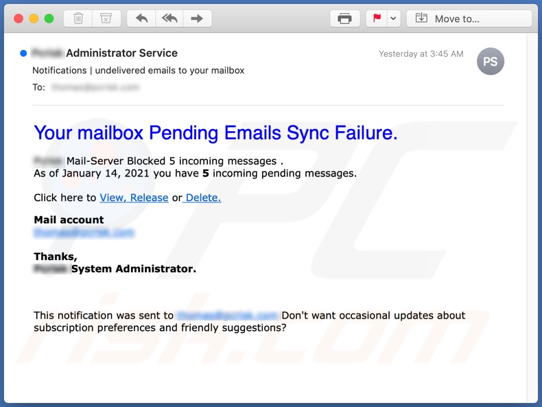 Emails Sync Failure email spam campaign