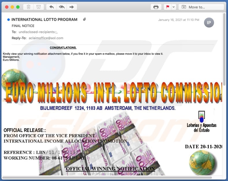 EURO MILLIONS INTL. LOTTO COMMISSION email scam