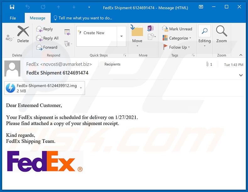 FedEx Shipment spam email spreading Agent Tesla RAT
