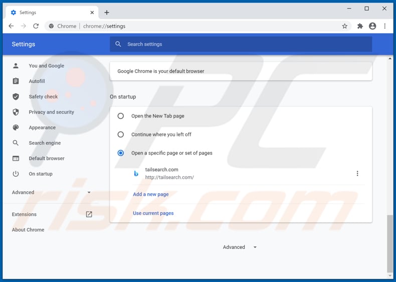 Removing tailsearch.com from Google Chrome homepage