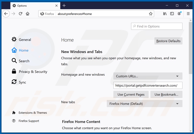 Removing getpdfconvertersearch.com from Mozilla Firefox homepage