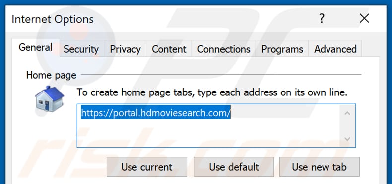Removing hdmoviesearch.com from Internet Explorer homepage