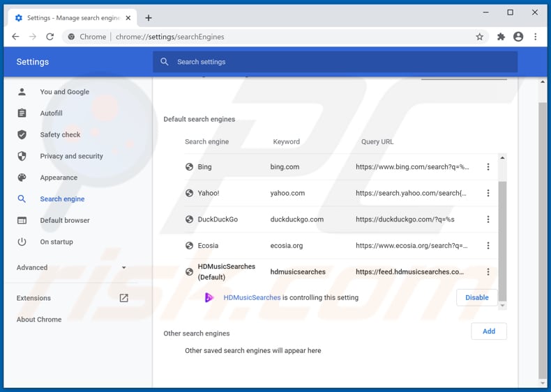 Removing hdmusicsearches.com from Google Chrome default search engine