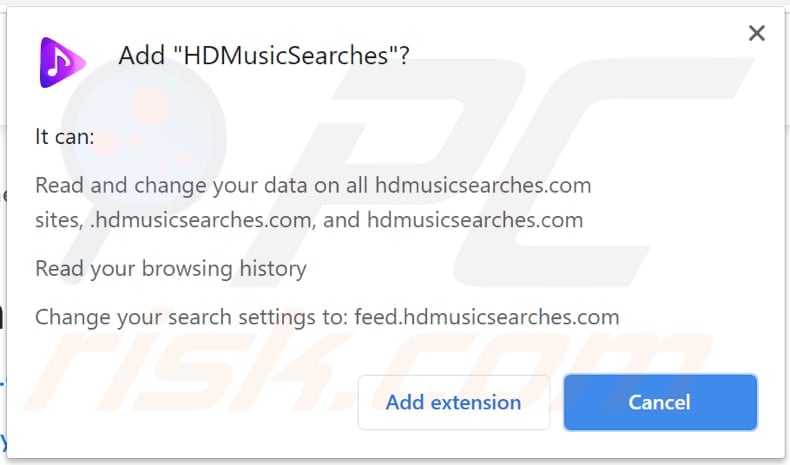 hdmusicsearches browser hijacker notfication