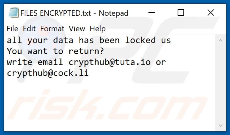 Hub ransomware text file (FILES ENCRYPTED.txt)