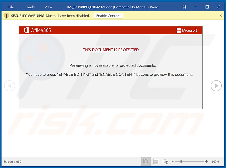 Malicious MS Word document used to spread Emotet malware (distributed via IRS-themed spam emails)