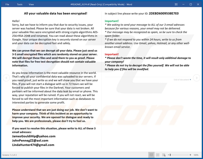 JJLF ransomware ransom note (#README_JJLF#.rtf)