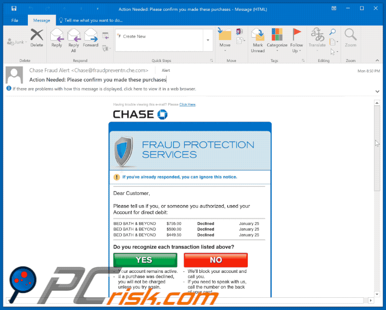 JPMorgan Chase spam email promoting a phishing website