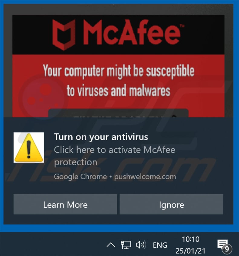 Browser notification promoting McAfee subscription scam