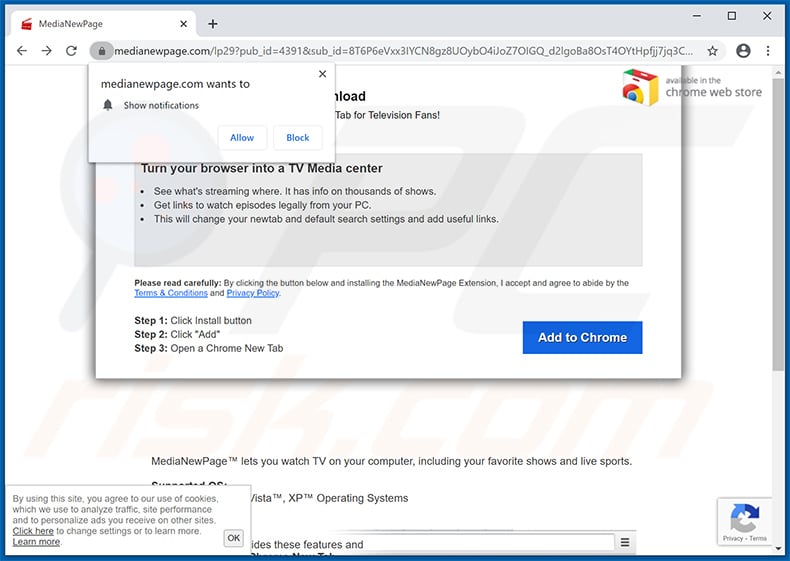 MediaNewPage browser hijacker-promoting website