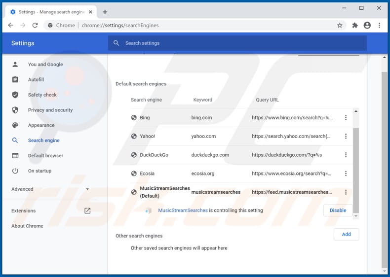 Removing musicstreamsearches.com from Google Chrome default search engine