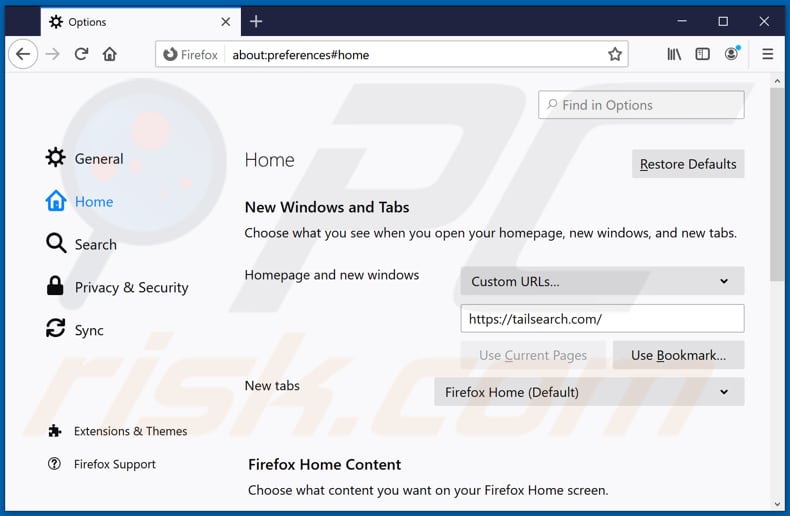 Removing tailsearch.com from Mozilla Firefox homepage