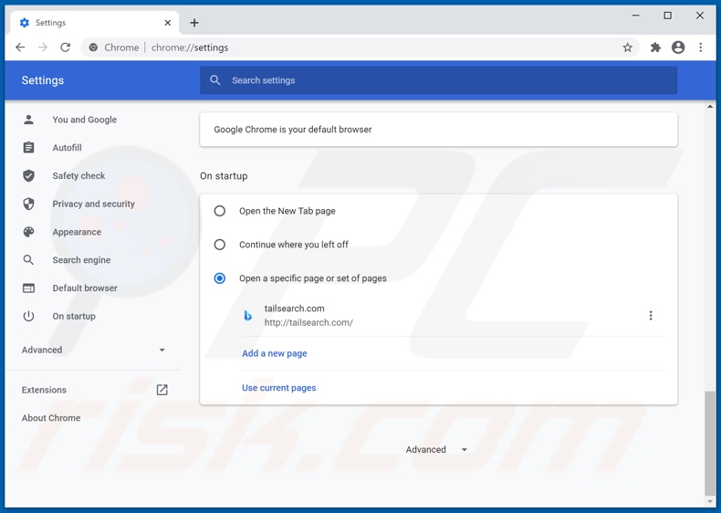 Removing tailsearch.com from Google Chrome homepage