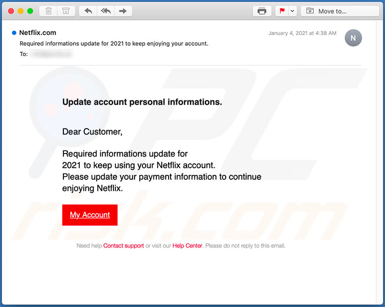 Netflix-themed spam email used to promote a phishing site (2021-01-06)