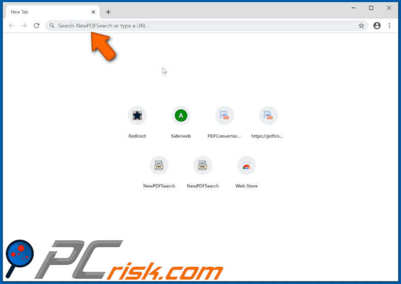 NewPDFSearch browser hijacker appearance (GIF)