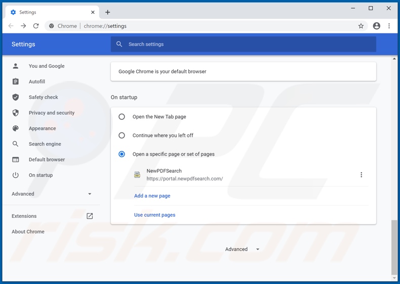 Removing newpdfsearch.com from Google Chrome homepage
