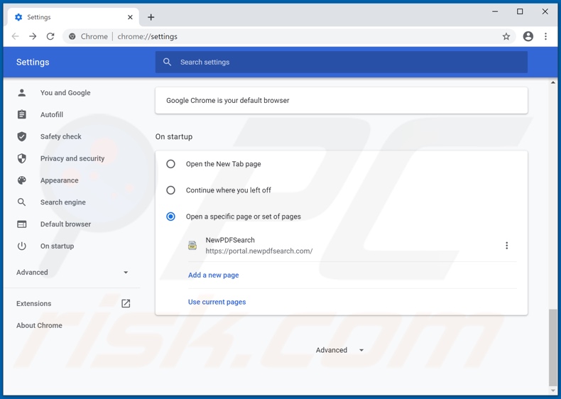 Removing newpdfsearch.com from Google Chrome homepage
