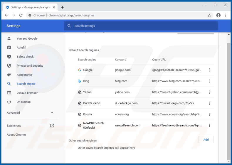 Removing newpdfsearch.com from Google Chrome default search engine