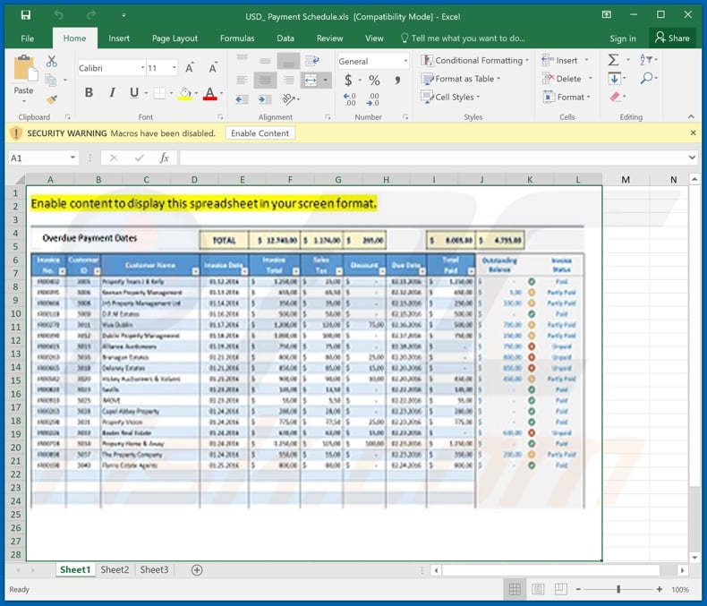 Malicious attachment (USD_ Payment Schedule.xls) distributed through Payment Schedule spam campaign