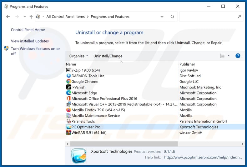 PC Optimizer Pro adware uninstall via Control Panel