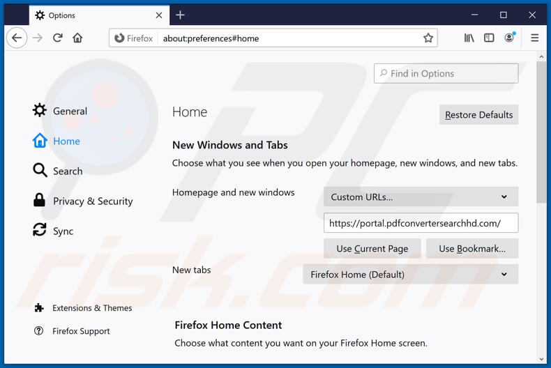 Removing pdfconvertersearchhd.com from Mozilla Firefox homepage