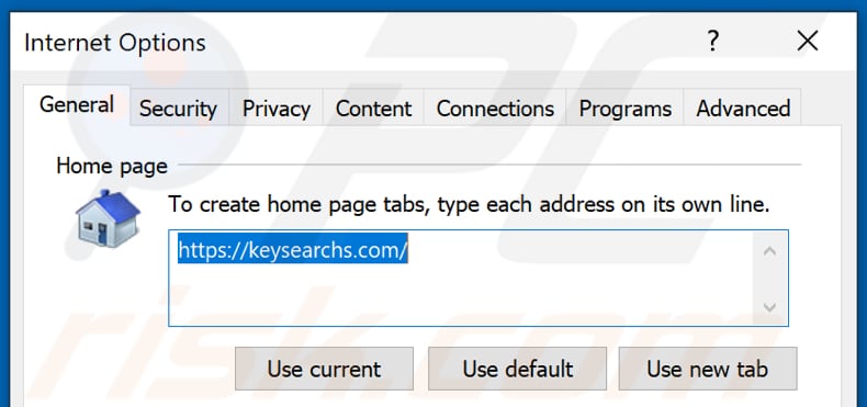 Removing keysearchs.com from Internet Explorer homepage