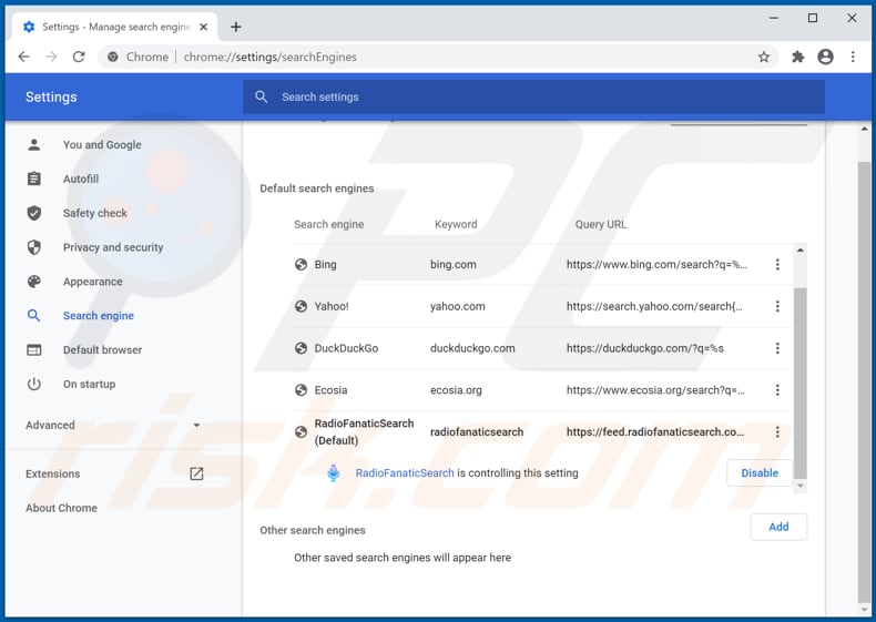 Removing radiofanaticsearch.com from Google Chrome default search engine