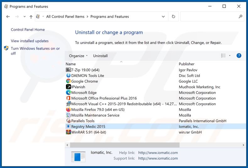 Registry Medic adware uninstall via Control Panel