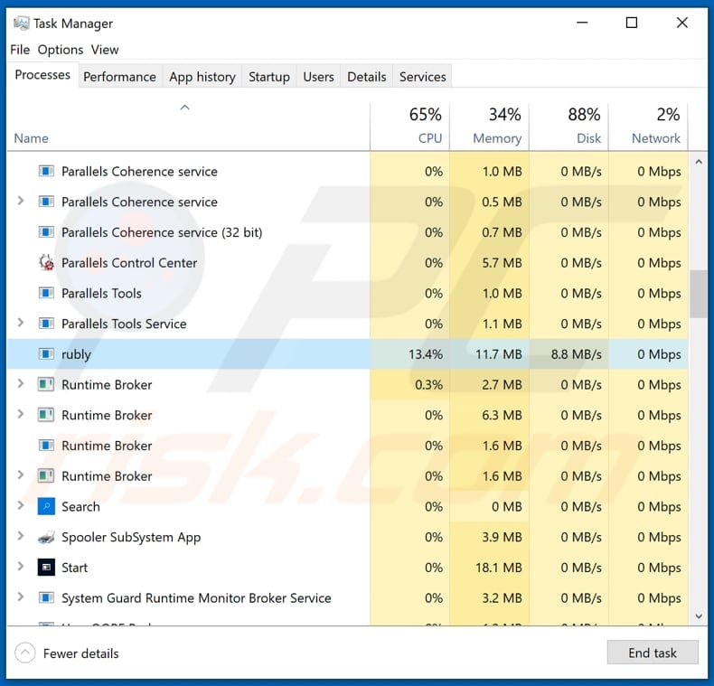 rubly ransomware running in task manager as rubly