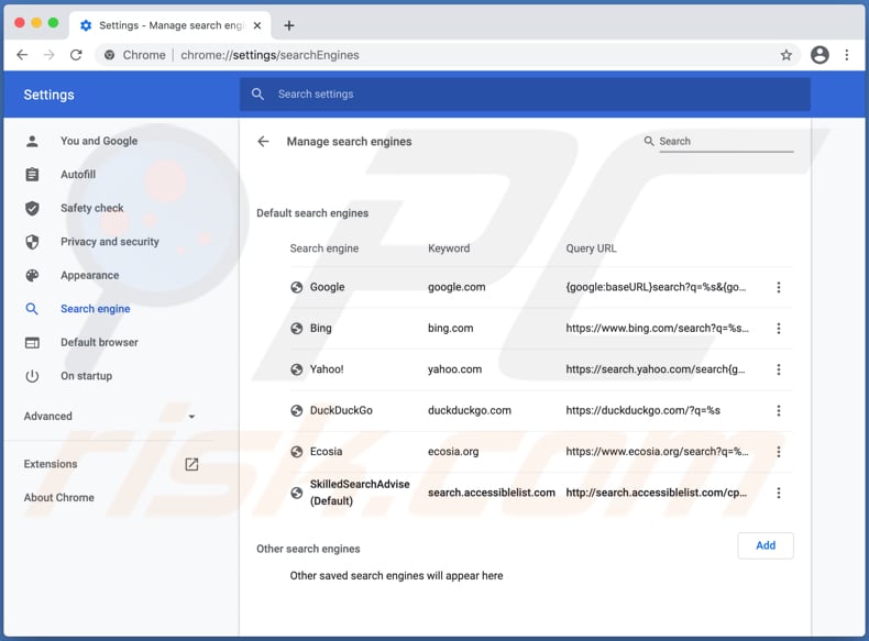 search.accessiblelist.com in chrome settings as default search engine