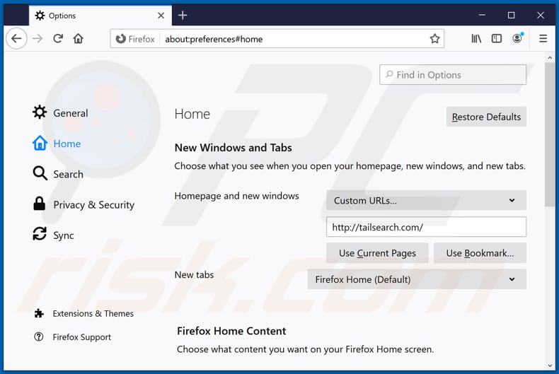 Removing tailsearch.com from Mozilla Firefox homepage