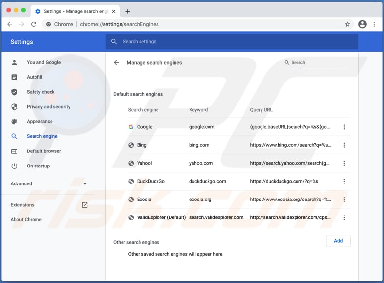 search.validexplorer.com redirect in chrome settings as default search engine