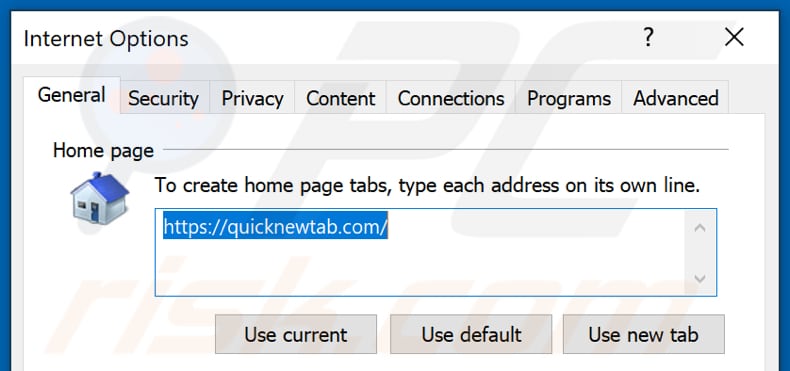 Removing quicknewtab.com from Internet Explorer homepage