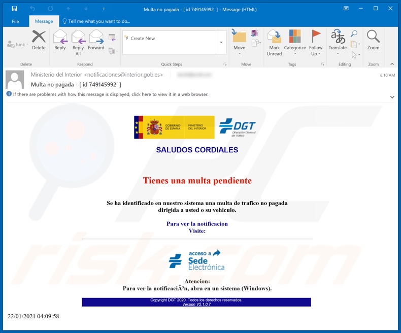 Tienes una multa pendiente malware-spreading email spam campaign