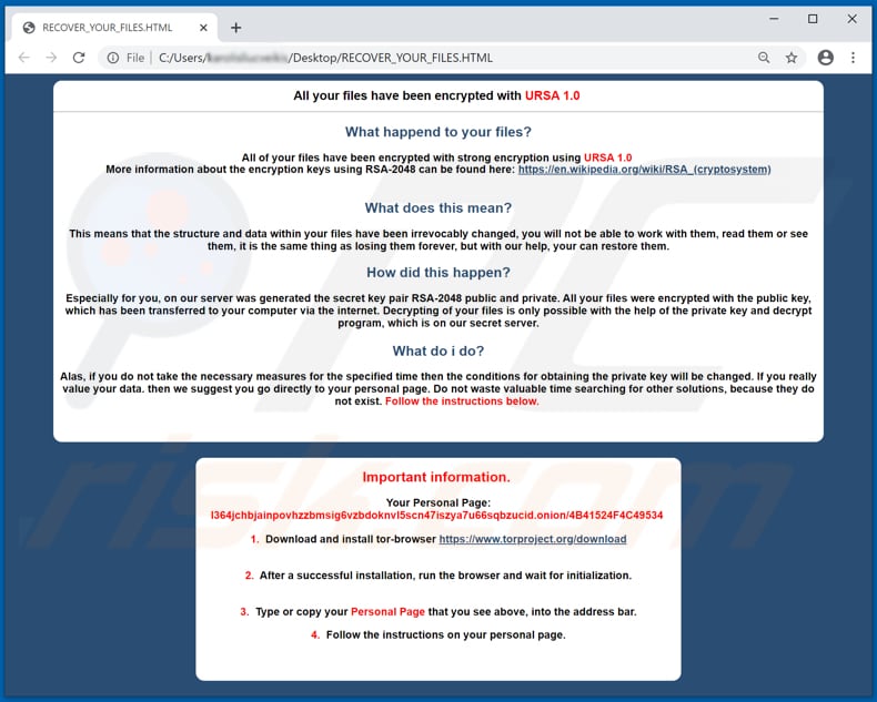 URSA decrypt instructions (RECOVER_YOUR_FILES.HTML)