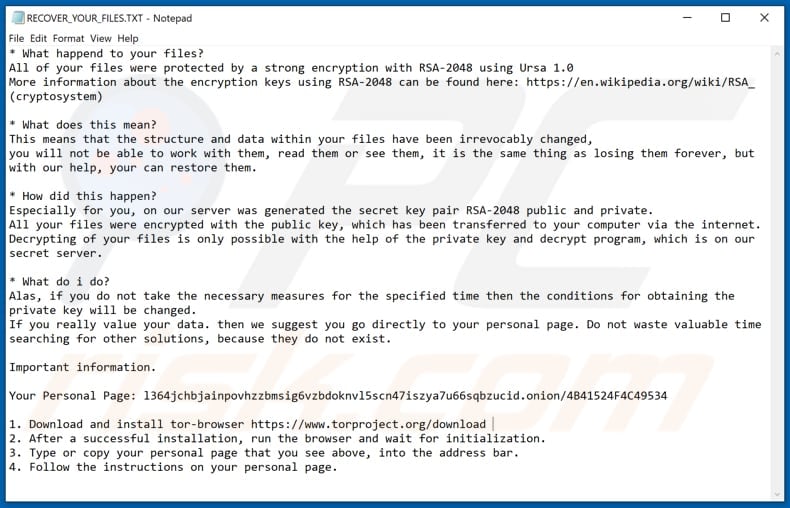 URSA ransomware text file (RECOVER_YOUR_FILES.TXT)