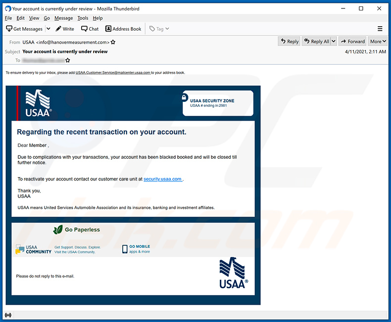 USAA-themed spam email promoting a phishing website (2021-04-12)