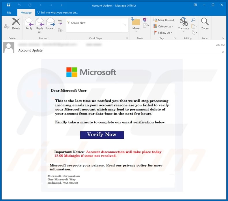 Verify Microsoft Account email spam campaign