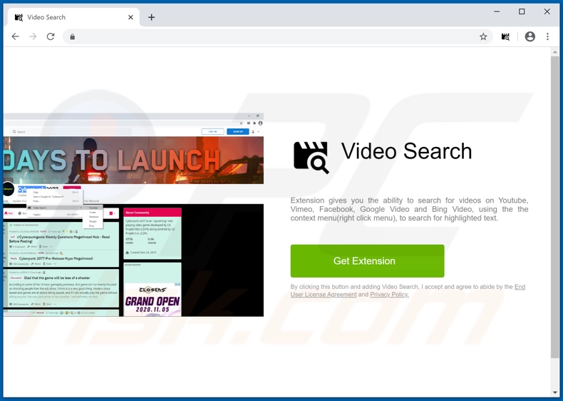 Website used to promote Video Search adware