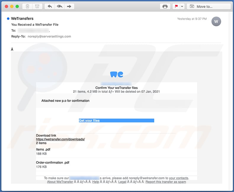 WeTransfer-themed spam email promoting a phishing website (2021-01-07)