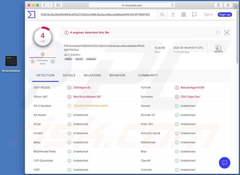 WizardUpdate adware detections on VirusTotal