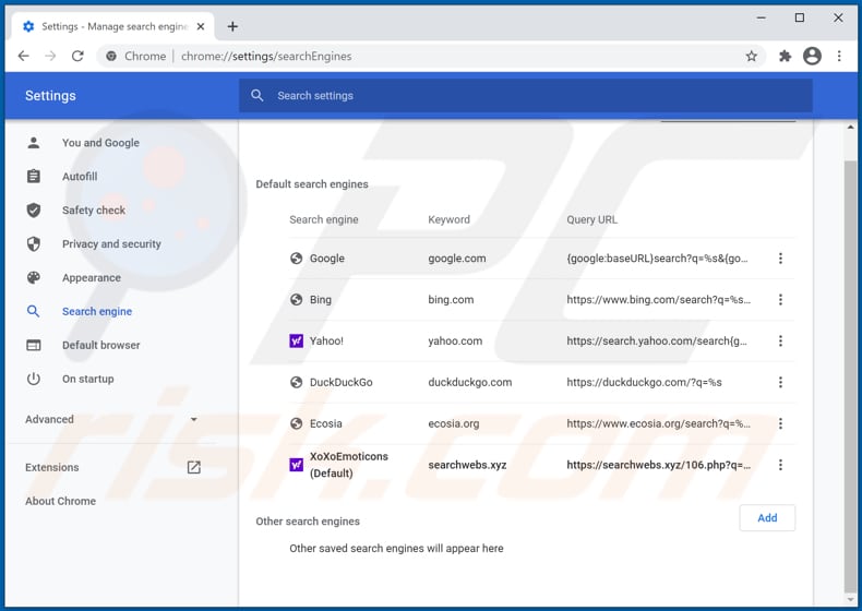 Removing searchwebs.xyz from Google Chrome default search engine